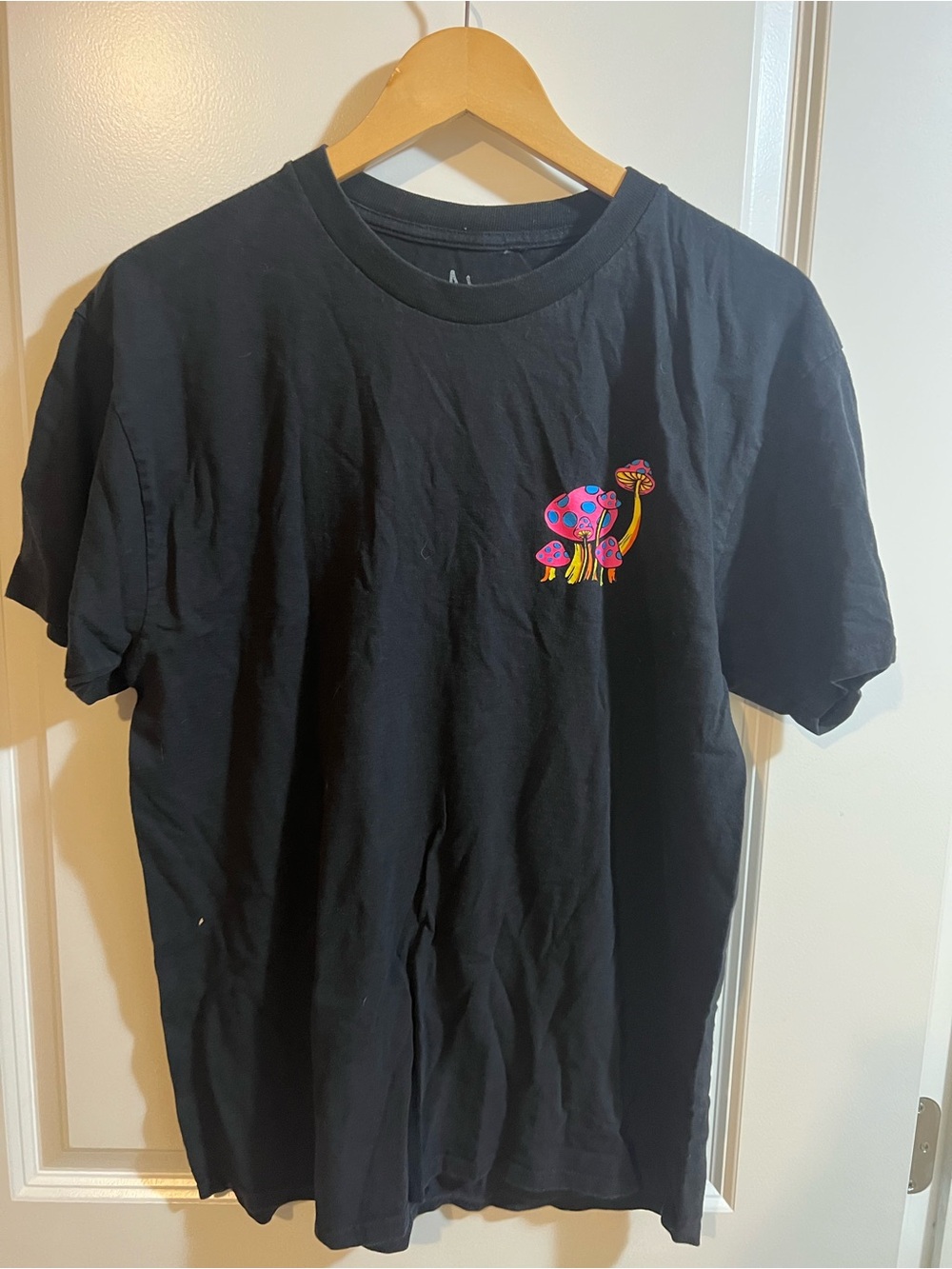 Black Graphic Men’s T-Shirt with Colorful Mushroom Print